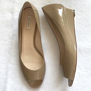 Cole Haan Tan Patent Peep Toe Wedges